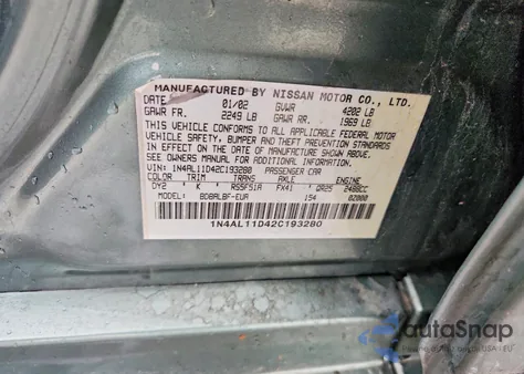 2002 Niss Altima 2.5 z USA, uszkodzony, nr VIN 1N4AL11D42C193280